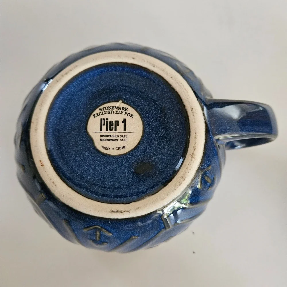 Pier 1 Blue Stoneware Stackable Tea Set Tea Pot Lid and Cup Mug Glazed